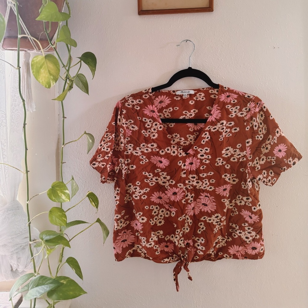 Madewell Women’s Floral V-Neck Blouse - Brown and Pink. Sz. LP